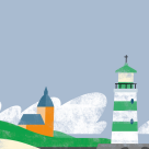 Illustration eines Leuchtturms und einer Kirche